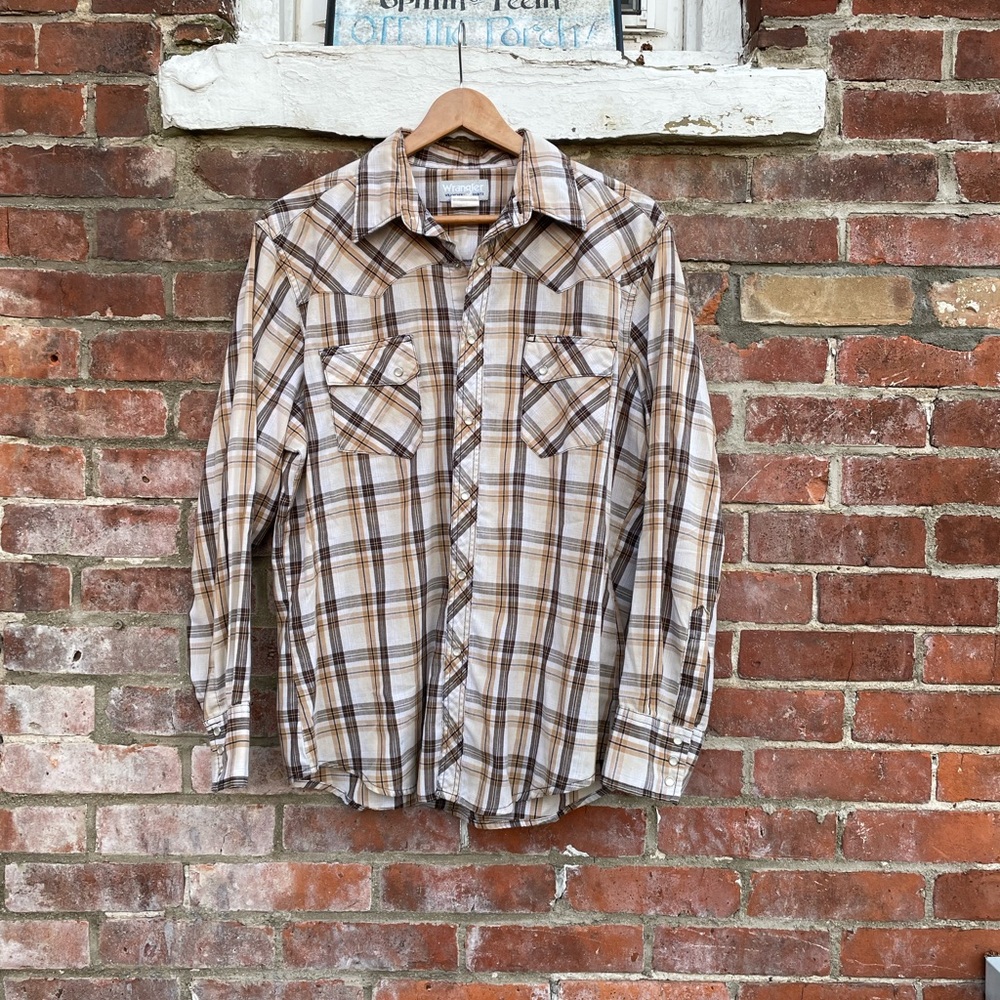 Wrangler Wrancher Pearl Snap Western Shirt Brown Plaid